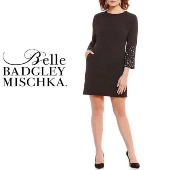 Badgley Mischka Black Dress LBD Grommet Embellished Shift Bell Sleeve Size 4 - Picture 1 of 13
